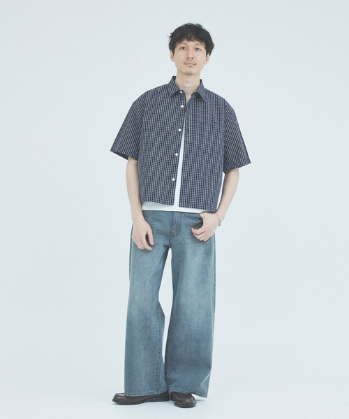 JOURNAL STANDARD（ジャーナルスタンダード）の「ミニ チェック クロップド 半袖 シャツ（シャツ/ブラウス・メンズ・ネイビー/ダークブルー/チャコールグレー/グレー・MEDIUM/LARGE）」の9枚目の写真