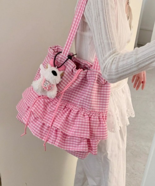 gossip!ロサンゼルス(ゴシップロサンゼルス)の「Y2Kガーリー*フリル付きギンガムチェック巾着トートバッグ(トートバッグ・レディース・ピンク/ブラック/ブルー・FREE)」の9枚目の写真