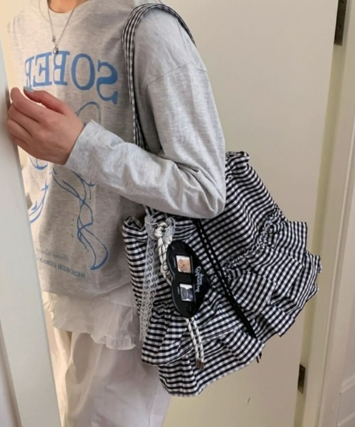 gossip!ロサンゼルス(ゴシップロサンゼルス)の「Y2Kガーリー*フリル付きギンガムチェック巾着トートバッグ(トートバッグ・レディース・ピンク/ブラック/ブルー・FREE)」の15枚目の写真