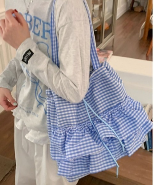 gossip!ロサンゼルス(ゴシップロサンゼルス)の「Y2Kガーリー*フリル付きギンガムチェック巾着トートバッグ(トートバッグ・レディース・ピンク/ブラック/ブルー・FREE)」の20枚目の写真