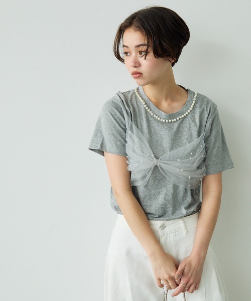 セール】Sheer lace ribbon design pearl neck short sleeve T