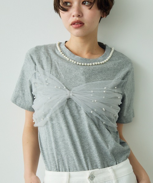 セール】Sheer lace ribbon design pearl neck short sleeve T