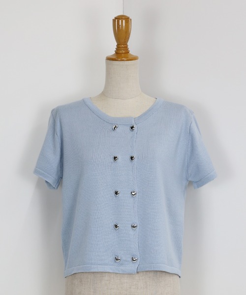 ライトブルー ボタン付きカーディガン 半袖 セール】ハートボタン半袖カーディガン（カーディガン/ボレロ
