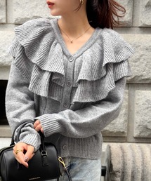 mily bilet(ミウィビレット)の【mily bilet】1枚で華やぐデザイン。ビッグフリルミックスニットカーディガン(長袖)(カーディガン/ボレロ)
