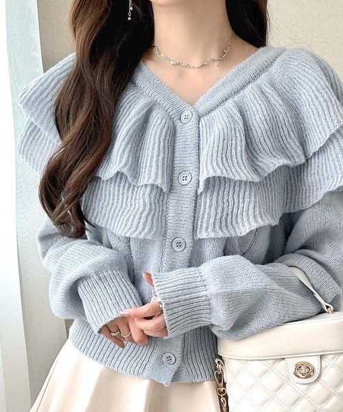 mily bilet（ミウィビレット）の「【mily bilet】かわいくて暖かい。ビッグフリルミックスニットカーディガン（長袖）（カーディガン/ボレロ・レディース・アイボリー/ブルー/グレー・LARGE/MEDIUM/SMALL/X-LARGE）」の3枚目の写真