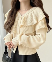 【mily bilet】かわいくて暖かい。ビッグフリルミックスニットカーディガン(長袖)