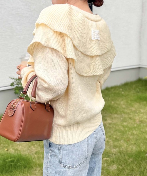 mily bilet（ミウィビレット）の「【mily bilet】かわいくて暖かい。ビッグフリルミックスニットカーディガン（長袖）（カーディガン/ボレロ・レディース・アイボリー/ブルー/グレー・LARGE/MEDIUM/SMALL/X-LARGE）」の6枚目の写真