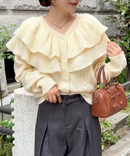 mily bilet（ミウィビレット）の「【mily bilet】かわいくて暖かい。ビッグフリルミックスニットカーディガン（長袖）（カーディガン/ボレロ・レディース・アイボリー/ブルー/グレー・LARGE/MEDIUM/SMALL/X-LARGE）」の10枚目の写真