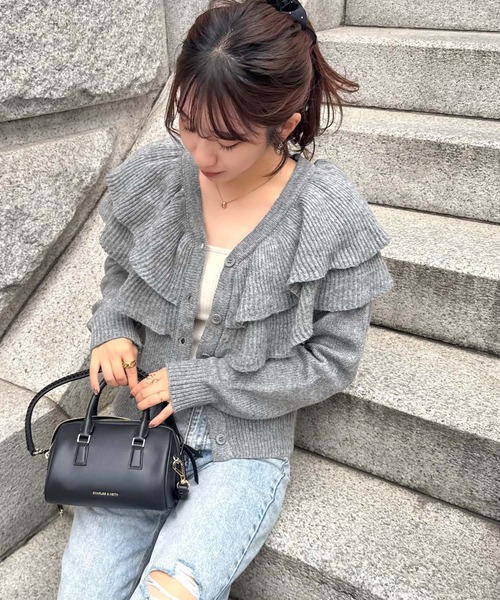 mily bilet（ミウィビレット）の「【mily bilet】かわいくて暖かい。ビッグフリルミックスニットカーディガン（長袖）（カーディガン/ボレロ・レディース・アイボリー/ブルー/グレー・LARGE/MEDIUM/SMALL/X-LARGE）」の14枚目の写真