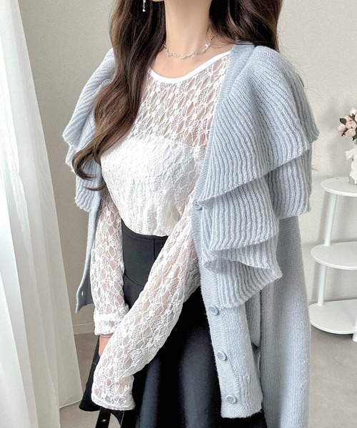 mily bilet（ミウィビレット）の「【mily bilet】かわいくて暖かい。ビッグフリルミックスニットカーディガン（長袖）（カーディガン/ボレロ・レディース・アイボリー/ブルー/グレー・LARGE/MEDIUM/SMALL/X-LARGE）」の21枚目の写真