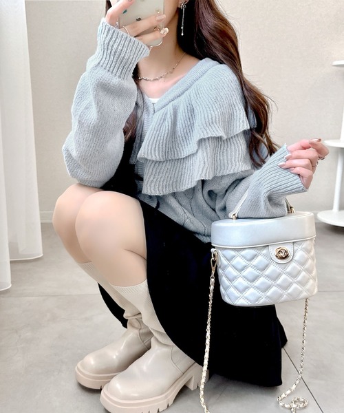 mily bilet（ミウィビレット）の「【mily bilet】かわいくて暖かい。ビッグフリルミックスニットカーディガン（長袖）（カーディガン/ボレロ・レディース・アイボリー/ブルー/グレー・LARGE/MEDIUM/SMALL/X-LARGE）」の19枚目の写真