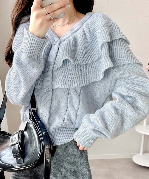 mily bilet（ミウィビレット）の「【mily bilet】かわいくて暖かい。ビッグフリルミックスニットカーディガン（長袖）（カーディガン/ボレロ・レディース・アイボリー/ブルー/グレー・LARGE/MEDIUM/SMALL/X-LARGE）」の20枚目の写真