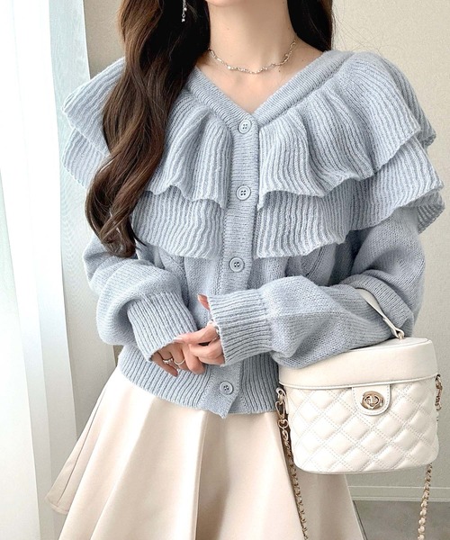 mily bilet（ミウィビレット）の「【mily bilet】かわいくて暖かい。ビッグフリルミックスニットカーディガン（長袖）（カーディガン/ボレロ・レディース・アイボリー/ブルー/グレー・LARGE/MEDIUM/SMALL/X-LARGE）」の18枚目の写真