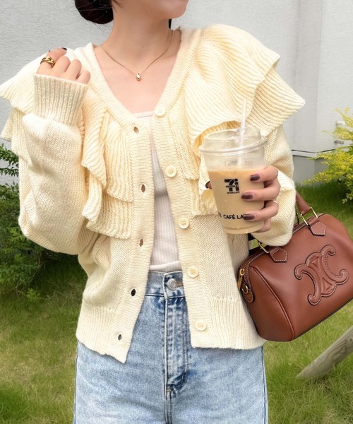 mily bilet（ミウィビレット）の「【mily bilet】かわいくて暖かい。ビッグフリルミックスニットカーディガン（長袖）（カーディガン/ボレロ・レディース・アイボリー/ブルー/グレー・LARGE/MEDIUM/SMALL/X-LARGE）」の11枚目の写真