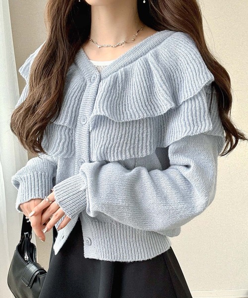 mily bilet（ミウィビレット）の「【mily bilet】かわいくて暖かい。ビッグフリルミックスニットカーディガン（長袖）（カーディガン/ボレロ・レディース・アイボリー/ブルー/グレー・LARGE/MEDIUM/SMALL/X-LARGE）」の17枚目の写真