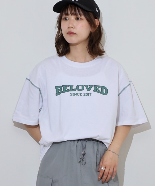 Arinomama(アリノママ)の「カレッジロゴ風ワイドTシャツ(Tシャツ/カットソー・レディース・グレイッシュベージュ/スミクロ/ブラック/オフホワイト・FREE)」の10枚目の写真