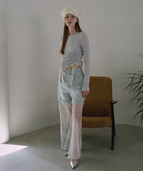 HONEY MI HONEY(ハニーミーハニー)の「lace layered denim short pants(デニムパンツ・レディース・ブルー/サックスブルー/ブラック・FREE)」の4枚目の写真