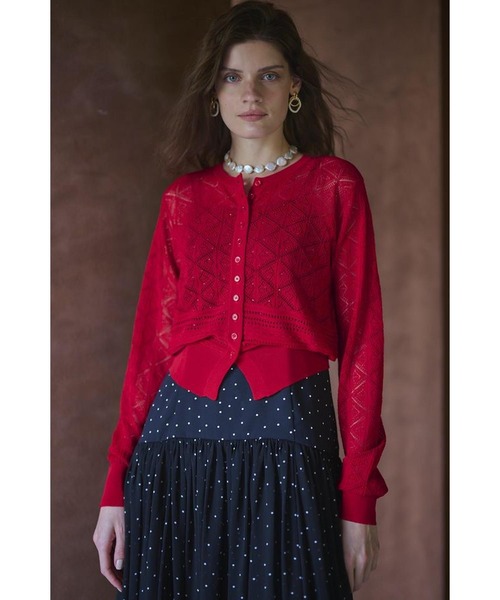 Estella.K（エステラケー）の「Coco Lace Knit Cardigan パターンレーシーカーディガン（カーディガン/ボレロ・レディース・レッド/ブラック/グリーン/ホワイト・FREE）」の4枚目の写真