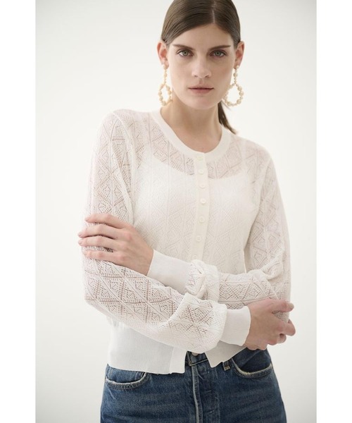 Estella.K（エステラケー）の「Coco Lace Knit Cardigan パターンレーシーカーディガン（カーディガン/ボレロ・レディース・レッド/ブラック/グリーン/ホワイト・FREE）」の2枚目の写真
