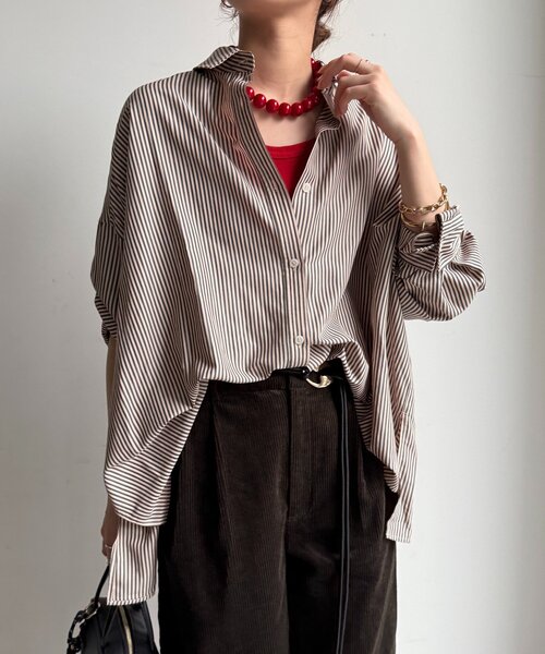 DouDou（ドゥドゥ）の「ストライプポンチョブラウス（シャツ/ブラウス・レディース・ブラウン/グレー/ブルー・FREE）」の2枚目の写真