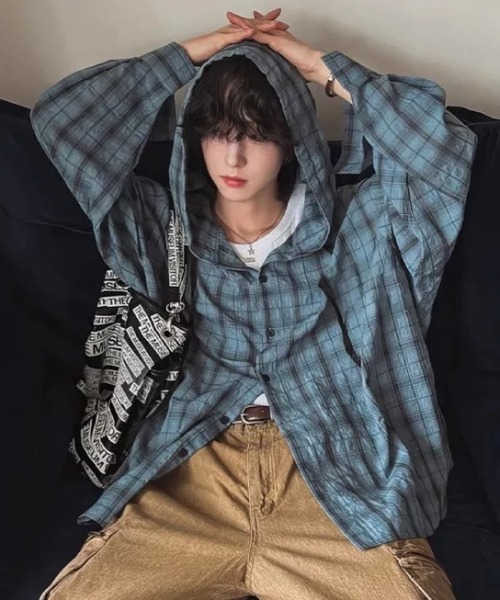 ふぅ 確認用 セール】フード付き オーバーサイズ チェック シャツ（シャツ/ブラウス