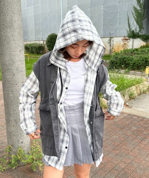セール】フード付き オーバーサイズ チェック シャツ（シャツ/ブラウス