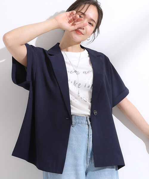 DRESKIP(ドレスキップ)の「【S-LL】さらりと着たい大人のための 麻調半袖ジャケット(テーラードジャケット・レディース・ナチュラル/ブラウン系/ネイビー・01/02/03/04)」の1枚目の写真