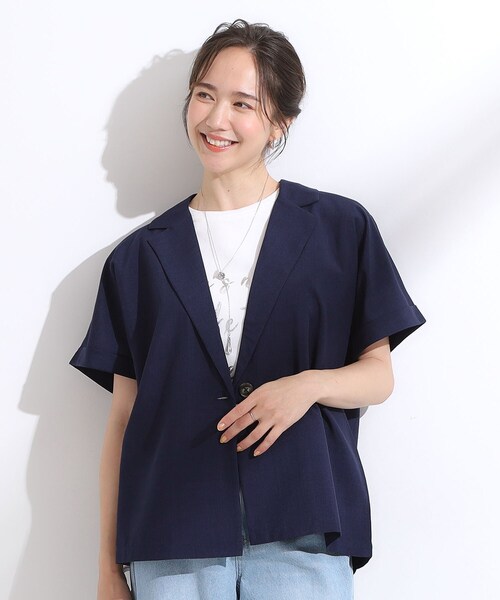 DRESKIP(ドレスキップ)の「【S-LL】さらりと着たい大人のための 麻調半袖ジャケット(テーラードジャケット・レディース・ナチュラル/ブラウン系/ネイビー・01/02/03/04)」の8枚目の写真