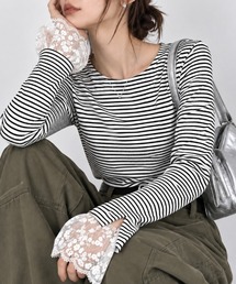 【手元に咲く、レースの魔法】テレコ長袖レース使いトップス 秋服