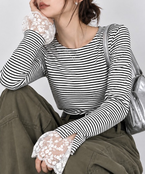 CLOTHY（クロシィ）の「【手元に咲く、レースの魔法】テレコ長袖レース使いトップス 秋服（Tシャツ/カットソー・レディース・モカ/ブラック/ブラウン/その他/アイボリー・MEDIUM/LARGE）」の5枚目の写真