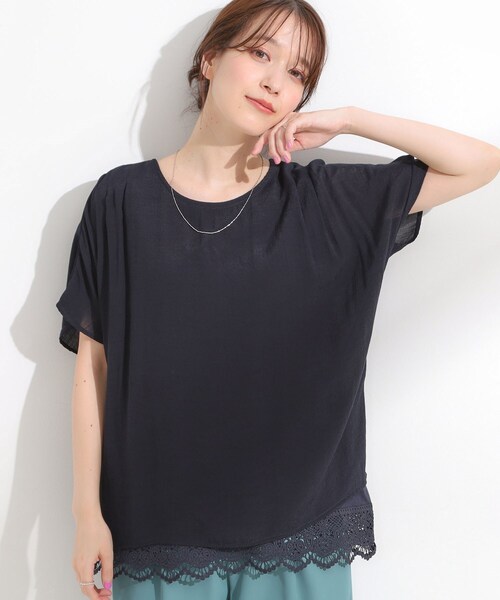 SHOO・LA・RUE（シューラルー）の「【S-LL】着るだけで簡単にコーデが決まる スラブドッキングトップス（Tシャツ/カットソー・レディース・グリーン/ネイビー/ナチュラル・01/02/03/04）」の3枚目の写真