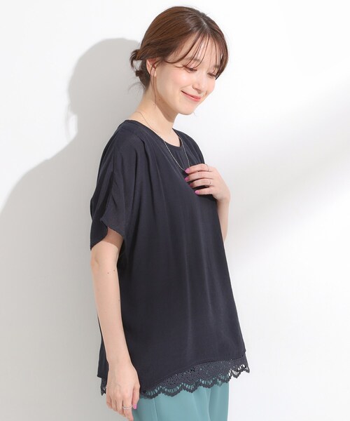 SHOO・LA・RUE（シューラルー）の「【S-LL】着るだけで簡単にコーデが決まる スラブドッキングトップス（Tシャツ/カットソー・レディース・グリーン/ネイビー/ナチュラル・01/02/03/04）」の9枚目の写真