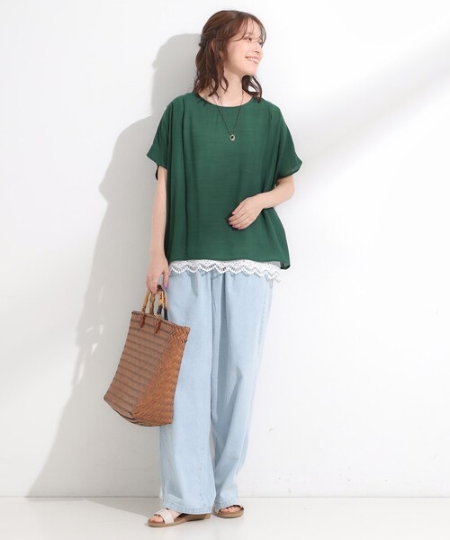 SHOO・LA・RUE（シューラルー）の「【S-LL】着るだけで簡単にコーデが決まる スラブドッキングトップス（Tシャツ/カットソー・レディース・グリーン/ネイビー/ナチュラル・01/02/03/04）」の14枚目の写真