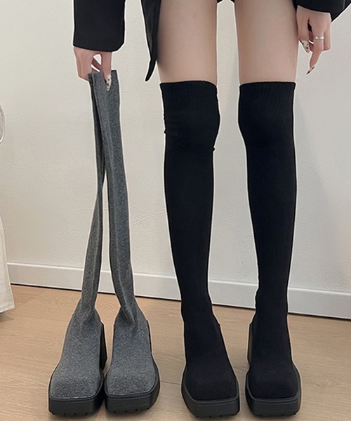 c.u.l（シーユーエル）の「厚底 ストレッチ ニーハイブーツ ニットソックスブーツ culs148（ブーツ・レディース・ブラック/グレー・39/38/37/36）」の3枚目の写真