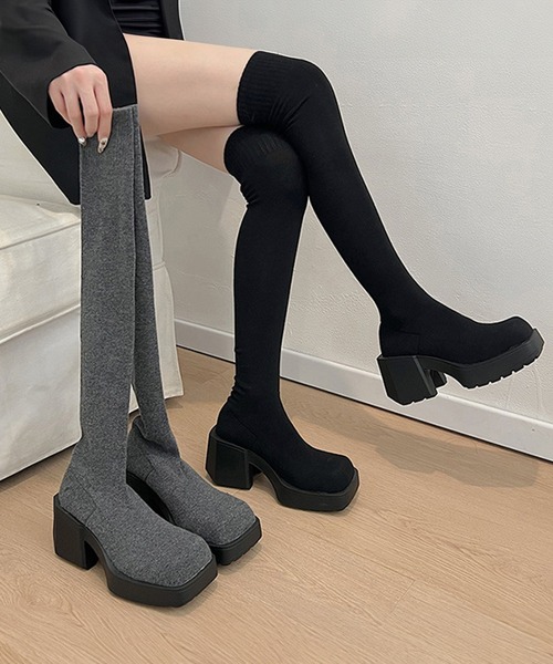c.u.l（シーユーエル）の「厚底 ストレッチ ニーハイブーツ ニットソックスブーツ culs148（ブーツ・レディース・ブラック/グレー・39/38/37/36）」の4枚目の写真