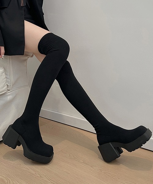 c.u.l（シーユーエル）の「厚底 ストレッチ ニーハイブーツ ニットソックスブーツ culs148（ブーツ・レディース・ブラック/グレー・39/38/37/36）」の6枚目の写真