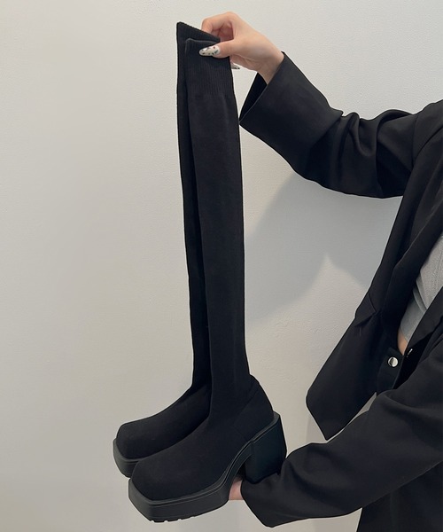 c.u.l（シーユーエル）の「厚底 ストレッチ ニーハイブーツ ニットソックスブーツ culs148（ブーツ・レディース・ブラック/グレー・39/38/37/36）」の7枚目の写真