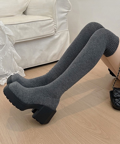c.u.l（シーユーエル）の「厚底 ストレッチ ニーハイブーツ ニットソックスブーツ culs148（ブーツ・レディース・ブラック/グレー・39/38/37/36）」の10枚目の写真