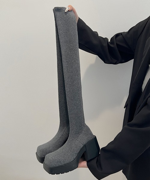 c.u.l（シーユーエル）の「厚底 ストレッチ ニーハイブーツ ニットソックスブーツ culs148（ブーツ・レディース・ブラック/グレー・39/38/37/36）」の11枚目の写真