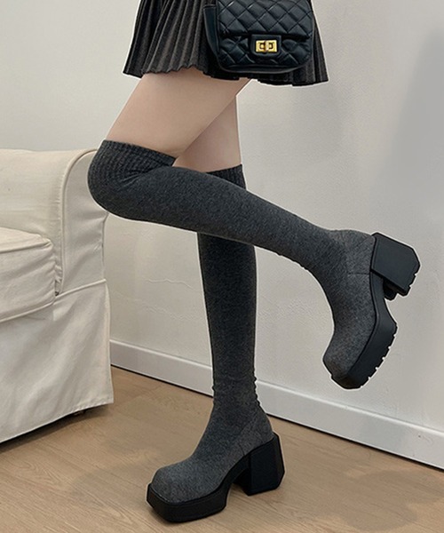 c.u.l（シーユーエル）の「厚底 ストレッチ ニーハイブーツ ニットソックスブーツ culs148（ブーツ・レディース・ブラック/グレー・39/38/37/36）」の12枚目の写真