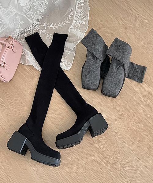 c.u.l（シーユーエル）の「厚底 ストレッチ ニーハイブーツ ニットソックスブーツ culs148（ブーツ・レディース・ブラック/グレー・39/38/37/36）」の14枚目の写真