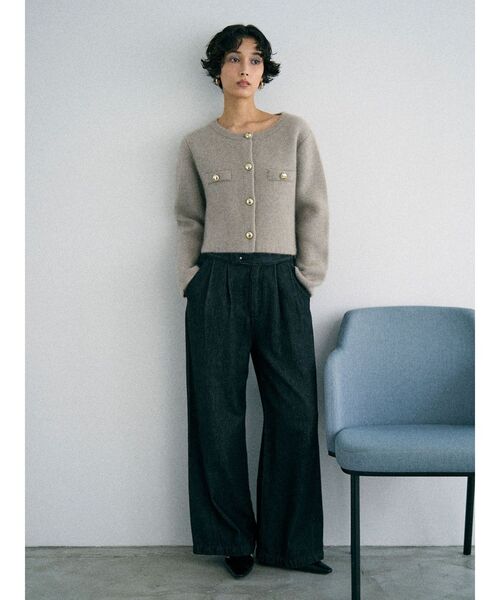 ピンク ノーカラーニットジャケット セール】CHNラクーンニットジャケット（ノーカラージャケット