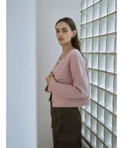 CHNラクーンニットジャケット　ベージュ セール】CHNラクーンニットジャケット（ノーカラージャケット