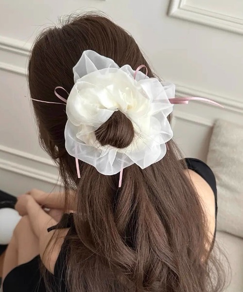 オーガンジーリボンシュシュ ヘアアクセサリー 大きめ 韓国風 ガーリー