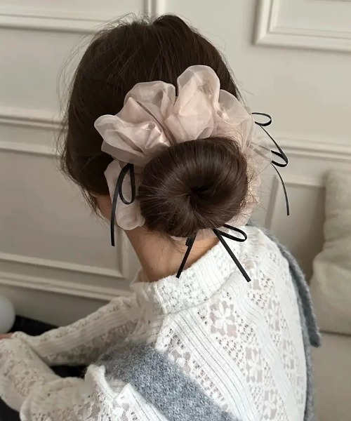 セール】オーガンジーリボンシュシュ ヘアアクセサリー 大きめ 韓国風