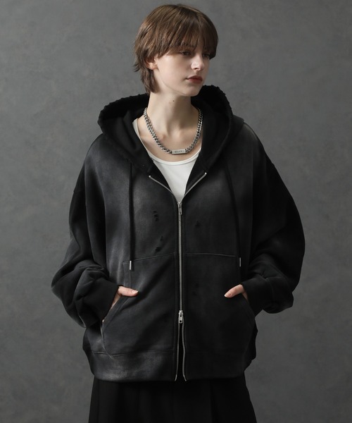 efu ヴィンテージ 加工 ショート丈 ダブルジップ フード付き パーカー efu ヴィンテージ 加工 ショート丈 ダブルジップ フード付き