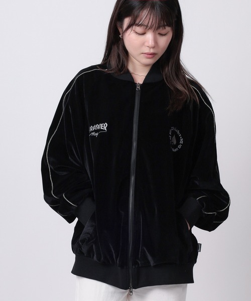 THRASHER（スラッシャー）の「【70】【THRASHER/スラッシャー】ワンポイント刺繍 サイドライン ベロアスカジャン（スカジャン・メンズ・ワイン/ネイビー/ブラック・L/M）」の5枚目の写真