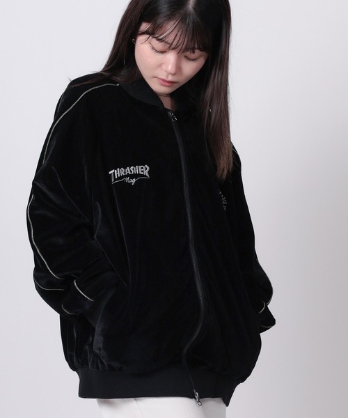 THRASHER（スラッシャー）の「【70】【THRASHER/スラッシャー】ワンポイント刺繍 サイドライン ベロアスカジャン（スカジャン・メンズ・ワイン/ネイビー/ブラック・L/M）」の7枚目の写真