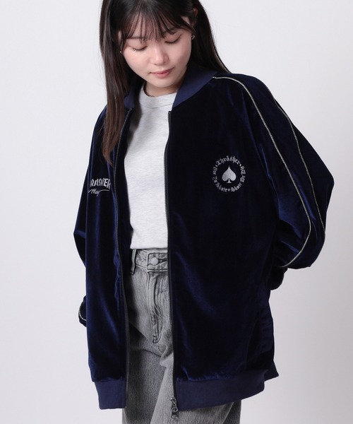 THRASHER（スラッシャー）の「【70】【THRASHER/スラッシャー】ワンポイント刺繍 サイドライン ベロアスカジャン（スカジャン・メンズ・ワイン/ネイビー/ブラック・L/M）」の11枚目の写真