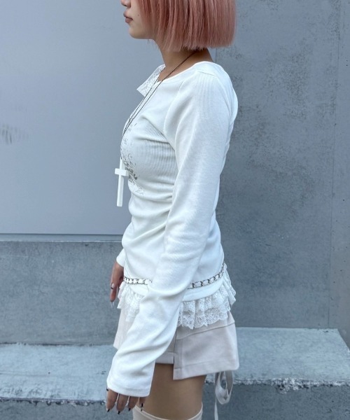 Never mind the XU / Chikashitsu+(ネバーマインド ザ エックスユー / チカシツプラス)の「【nmtc+】ribbon shoulder long sleeve / 【エヌエムティーシープラス】リボンショルダー長袖トップス(その他トップス・レディース・グレー/ホワイト/チャコール・ONE SIZE)」の9枚目の写真